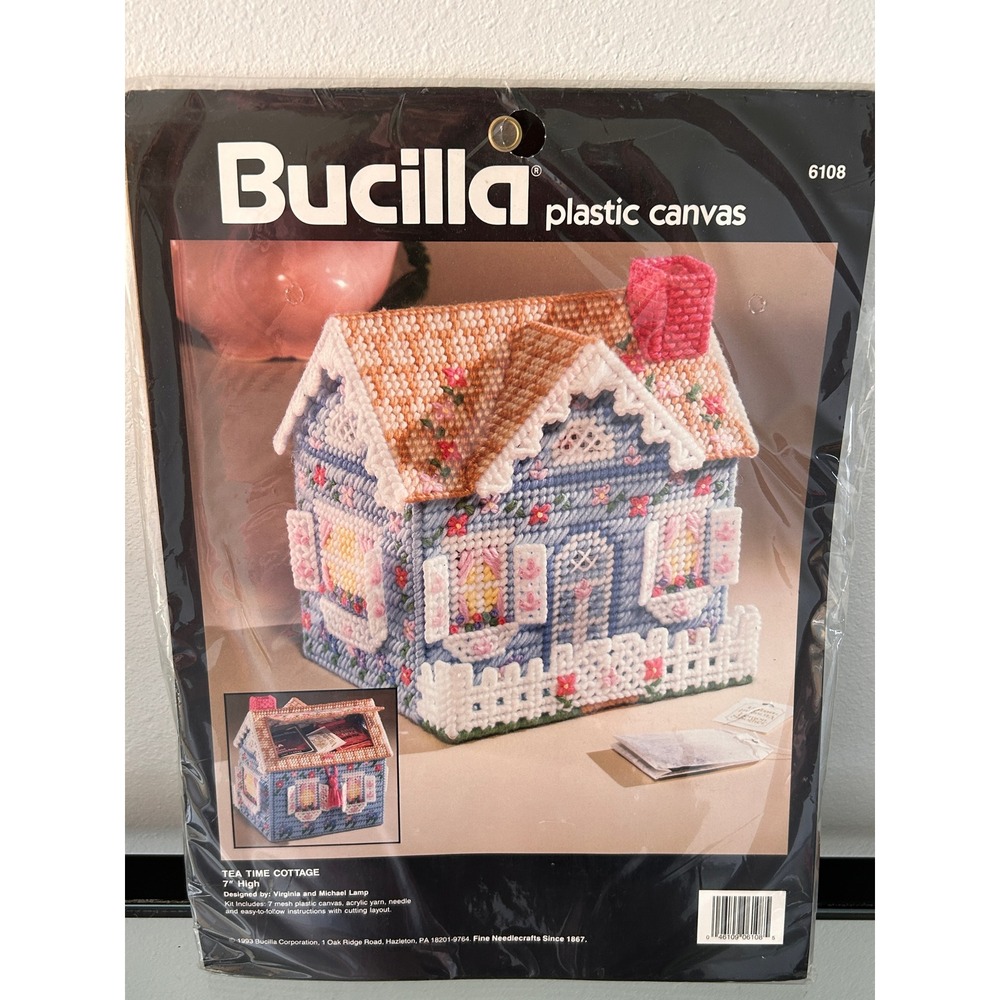 Bucilla Tea Time Cottage Plastic Canvas Kit 6108 Vintage 1993 Blue Floral 7 Inch